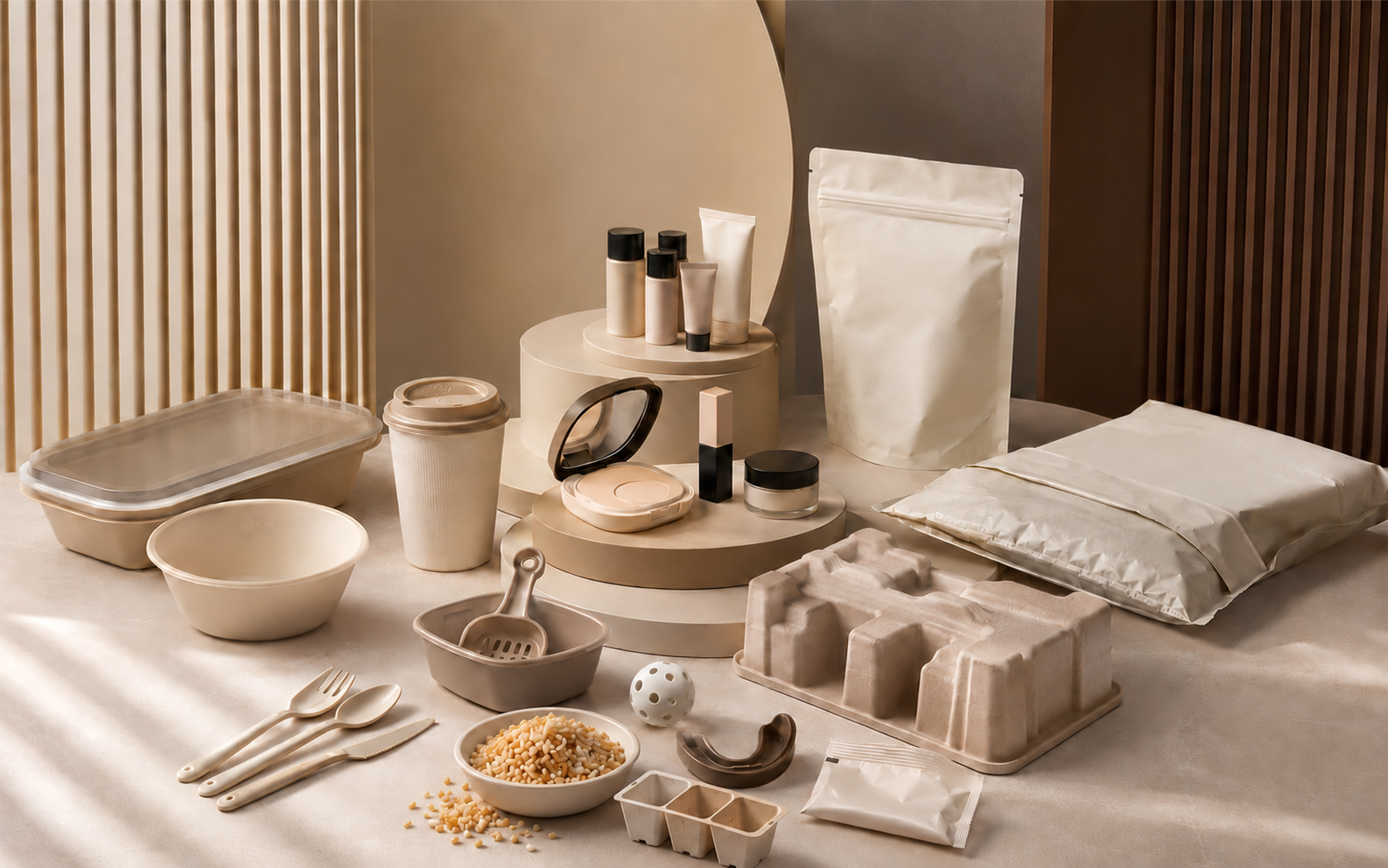 EmeraldPlast application concept lineup with containers, cosmetic packaging, protective packaging and starch pellets